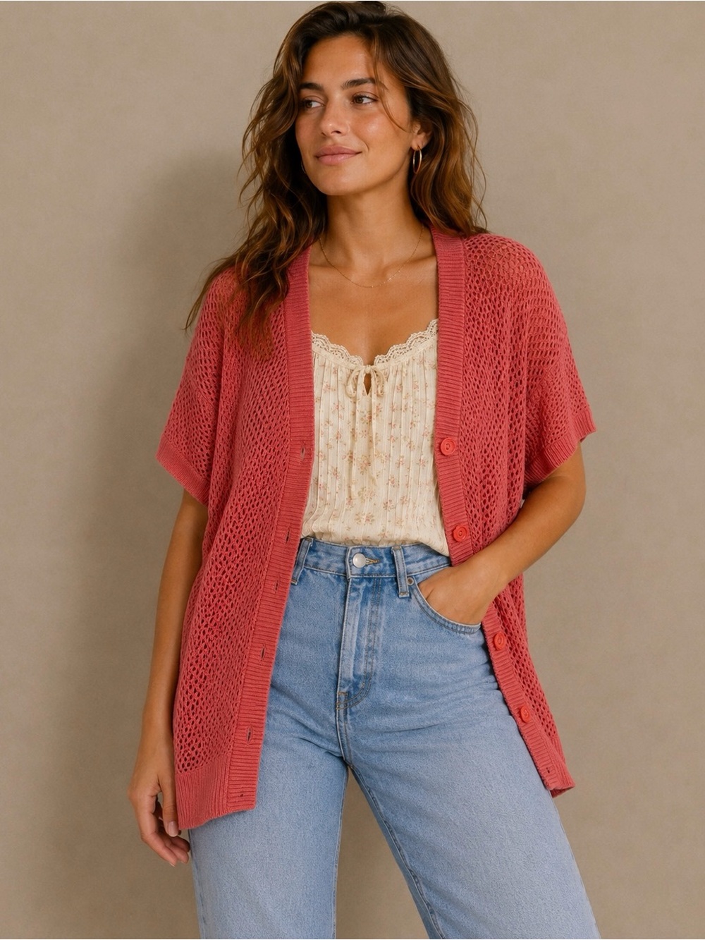 Judith Hart linen blend open knit cardigan plus size 2X coral pink boho beachy